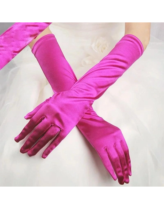 Uzun Boy Ekstra Parlak Saten Eldiven Fuşya Renk