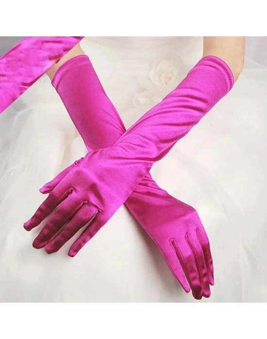 Uzun Boy Ekstra Parlak Saten Eldiven Fuşya Renk