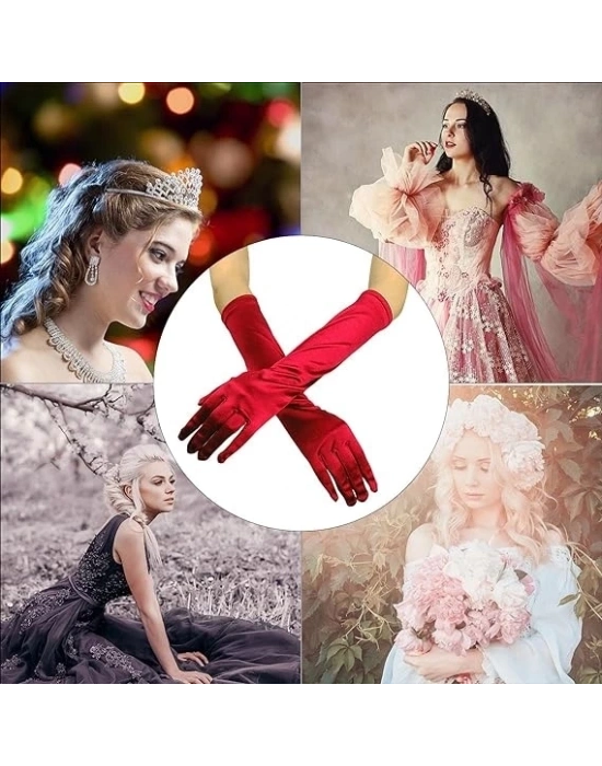 Uzun Boy Ekstra Parlak Saten Eldiven Kırmızı Renk