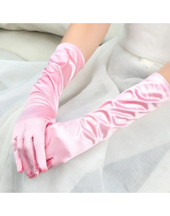 Uzun Boy Ekstra Parlak Saten Eldiven Pembe Renk