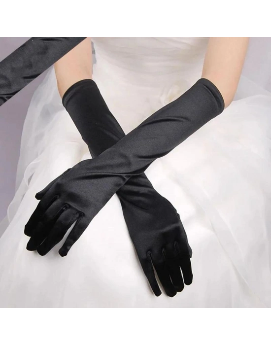 Uzun Boy Ekstra Parlak Saten Eldiven Siyah Renk