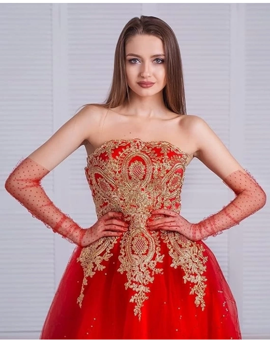 Uzun Boy Kırmızı Puantiyeli Kırmızı Renk Yetişkin Tül Eldiven 55 Cm