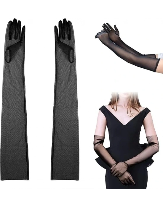 Uzun Boy Likralı Siyah Renk Yetişkin Mega Tül Eldiven 53 Cm