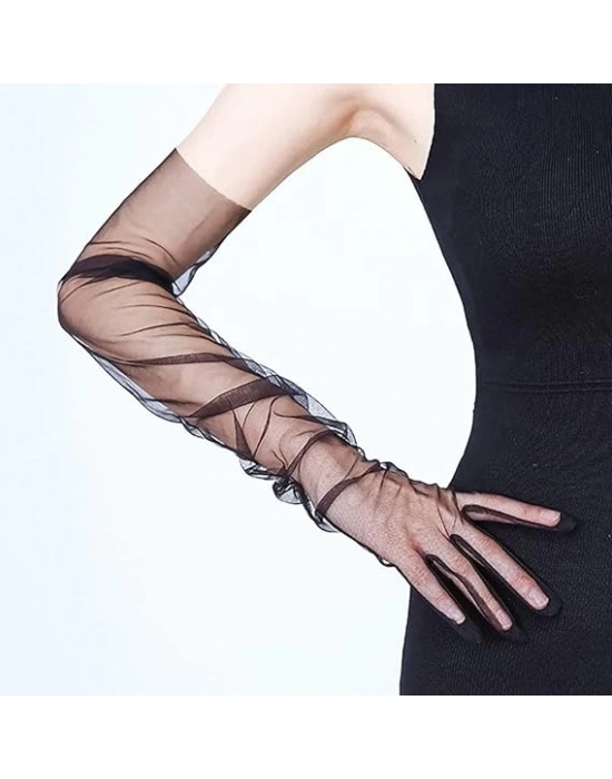 Uzun Boy Likralı Siyah Renk Yetişkin Mega Tül Eldiven 53 Cm