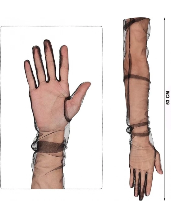 Uzun Boy Likralı Siyah Renk Yetişkin Mega Tül Eldiven 53 Cm