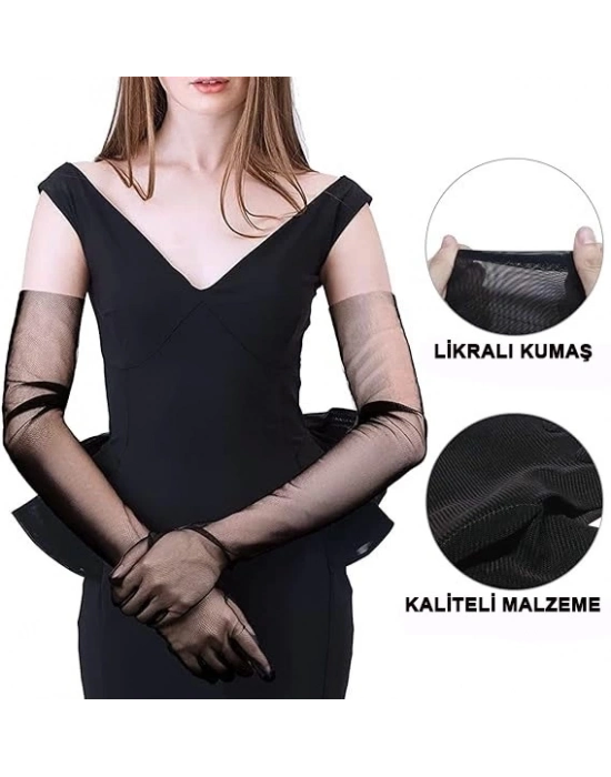 Uzun Boy Likralı Siyah Renk Yetişkin Mega Tül Eldiven 53 Cm