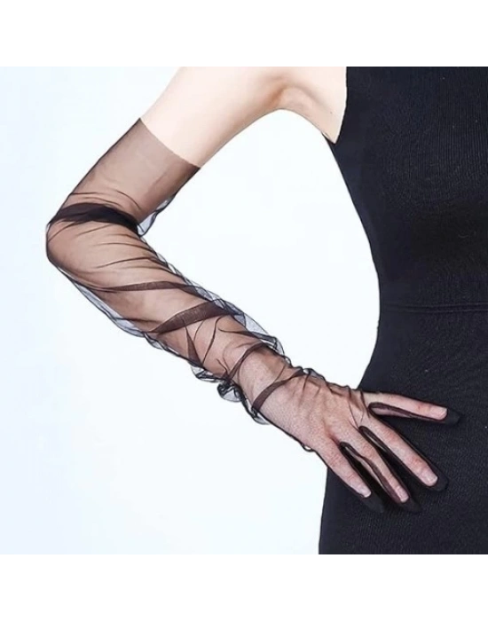 Uzun Boy Likralı Siyah Yetişkin Mega Tül Eldiven