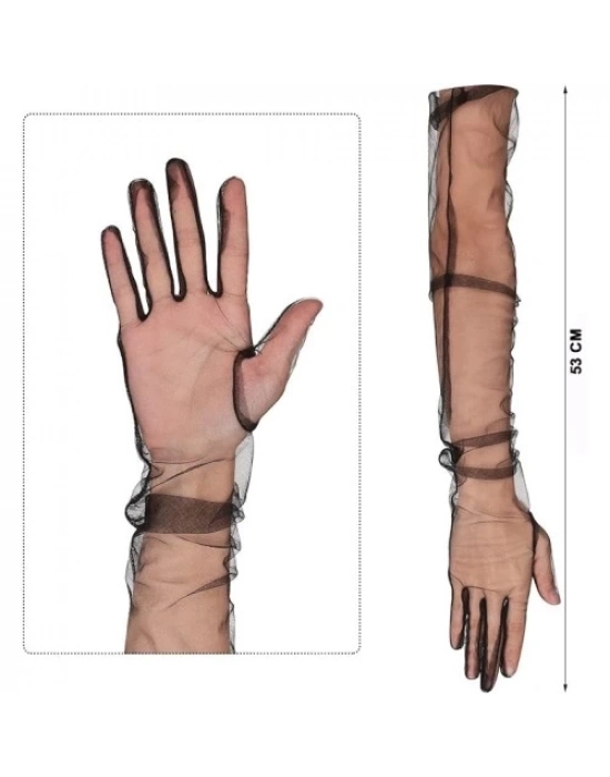 Uzun Boy Likralı Siyah Yetişkin Mega Tül Eldiven