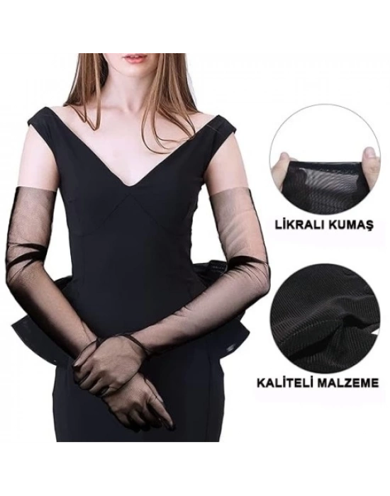 Uzun Boy Likralı Siyah Yetişkin Mega Tül Eldiven