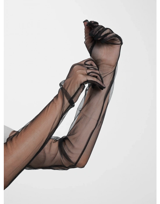 Uzun Boy Likralı Siyah Yetişkin Mega Tül Eldiven