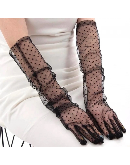 Uzun Boy Siyah Puantiyeli Siyah Renk Yetişkin Tül Eldiven 55 Cm