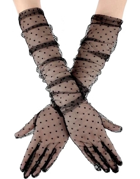 Uzun Boy Siyah Puantiyeli Siyah Renk Yetişkin Tül Eldiven 55 Cm