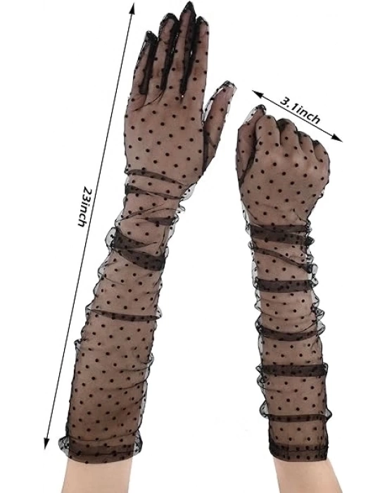 Uzun Boy Siyah Puantiyeli Siyah Renk Yetişkin Tül Eldiven 55 Cm