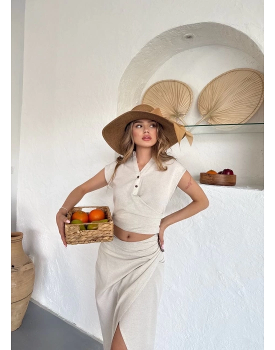 Uzun etekli bluz takım keten krem s255852