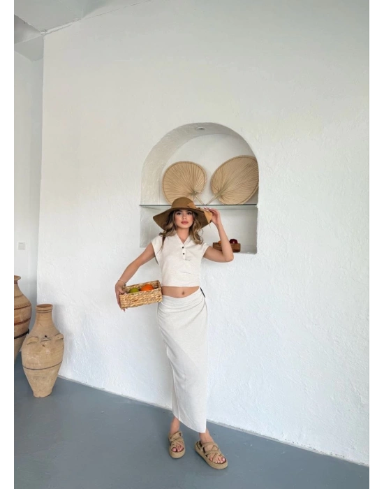 Uzun etekli bluz takım keten krem s255852