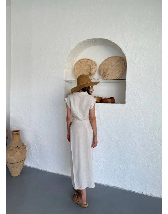 Uzun etekli bluz takım keten krem s255852