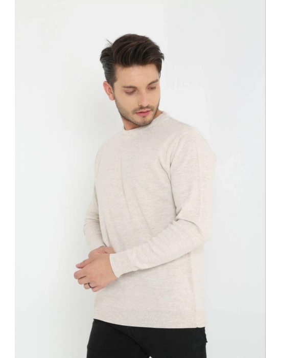 Uzun Kol Biskilet Yaka Dokuma Triko - Bej -