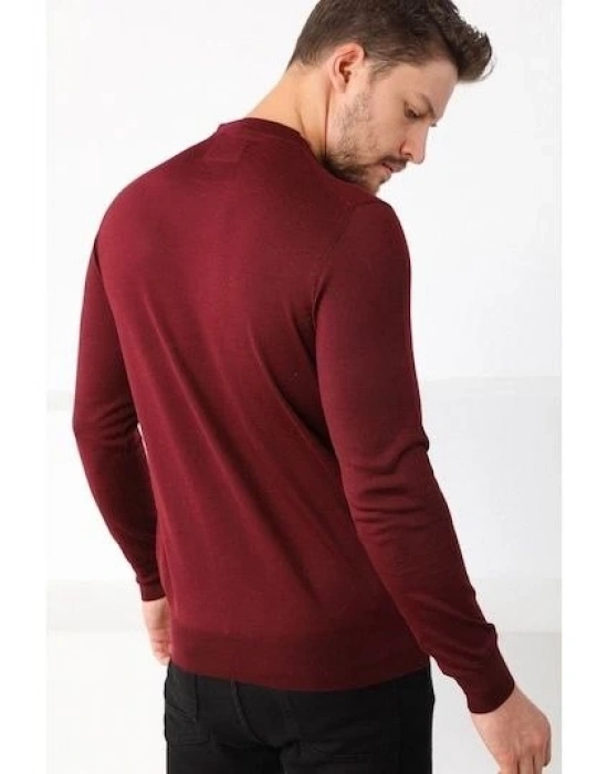 Uzun Kol Biskilet Yaka Dokuma Triko - Bordo