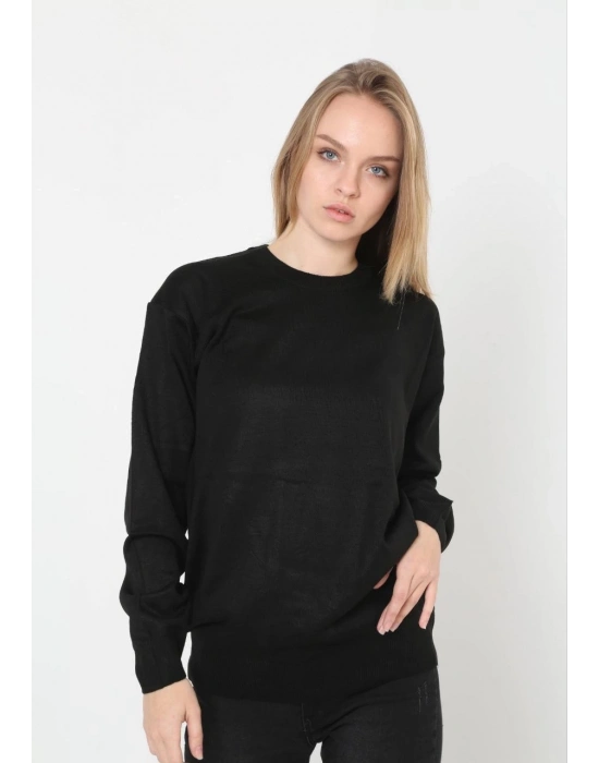 Uzun Kol Biskilet Yaka Dokuma Triko - Siyah -