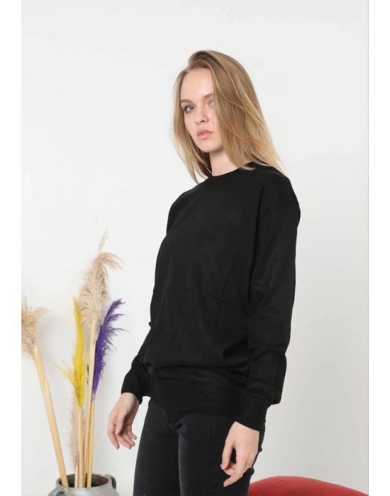 Uzun Kol Biskilet Yaka Dokuma Triko - Siyah -