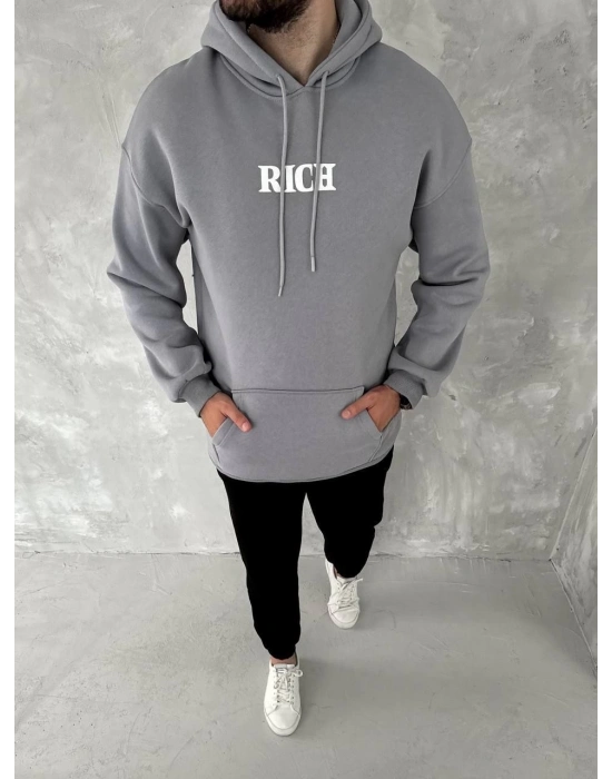 Uzun Kol Kapüşonlu Göğüs Baskılı SweatShirt - Gri