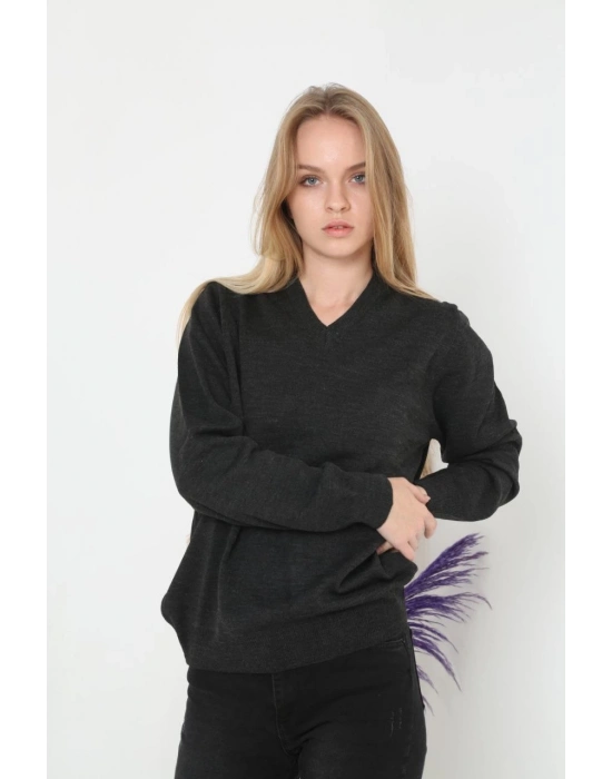 Uzun Kol V Yaka Triko Kazak - Füme