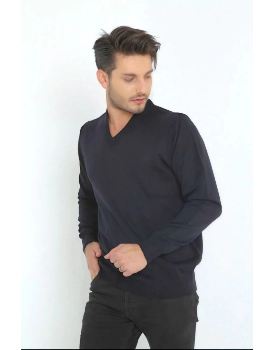 Uzun Kol V Yaka Triko Kazak - Lacivert