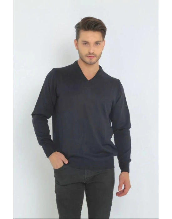 Uzun Kol V Yaka Triko Kazak - Lacivert