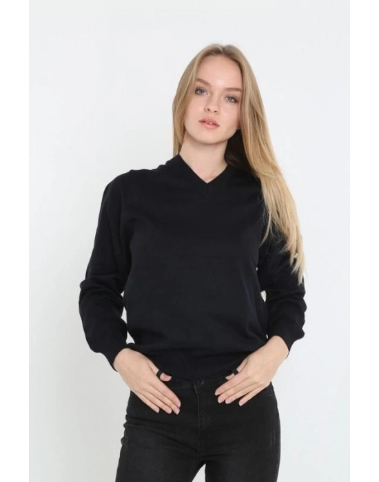 Uzun Kol V Yaka Triko Kazak - Siyah