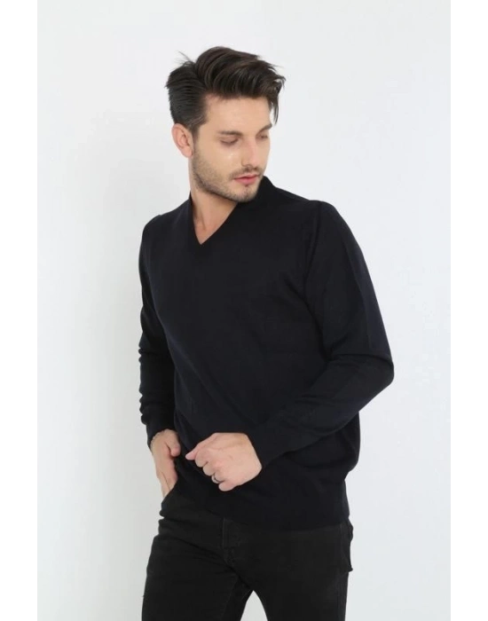 Uzun Kol V Yaka Triko Kazak - Siyah