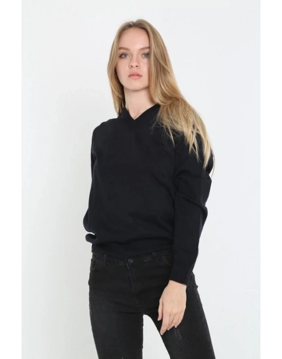 Uzun Kol V Yaka Triko Kazak - Siyah