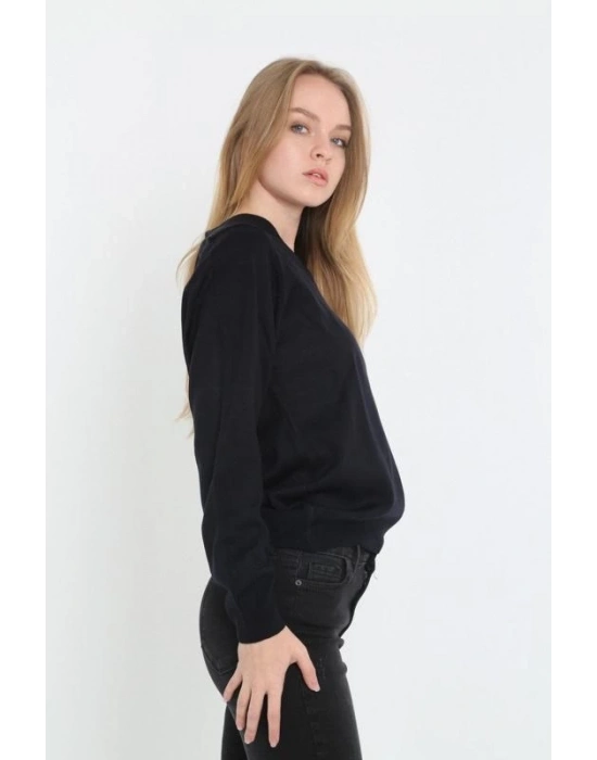 Uzun Kol V Yaka Triko Kazak - Siyah