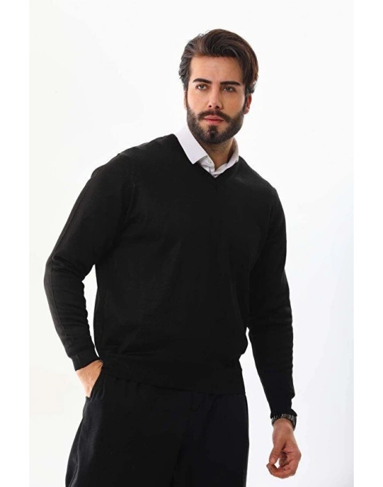 Uzun Kol V Yaka Triko Kazak - Siyah