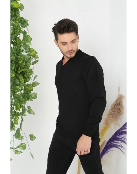Uzun Kol V Yaka Triko Kazak - Siyah