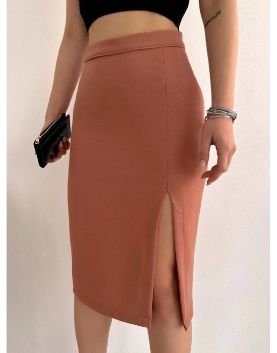 Uzun midi boy yırtmaçlı etek somon s24907