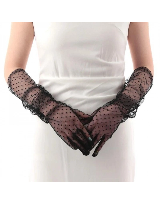 Uzun Siyah Puantiyeli Yetişkin Tül Eldiven