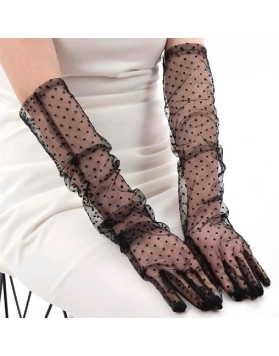 Uzun Siyah Puantiyeli Yetişkin Tül Eldiven