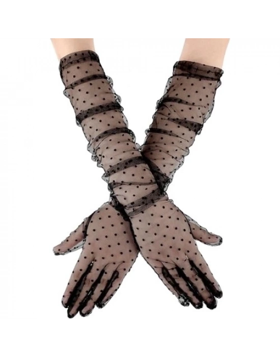 Uzun Siyah Puantiyeli Yetişkin Tül Eldiven