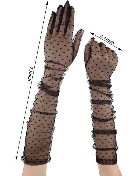 Uzun Siyah Puantiyeli Yetişkin Tül Eldiven