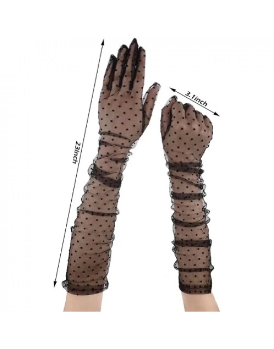 Uzun Siyah Puantiyeli Yetişkin Tül Eldiven