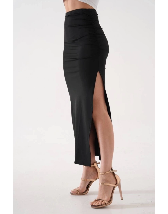 Uzun yırtmaçlı ince kumaş etek siyah