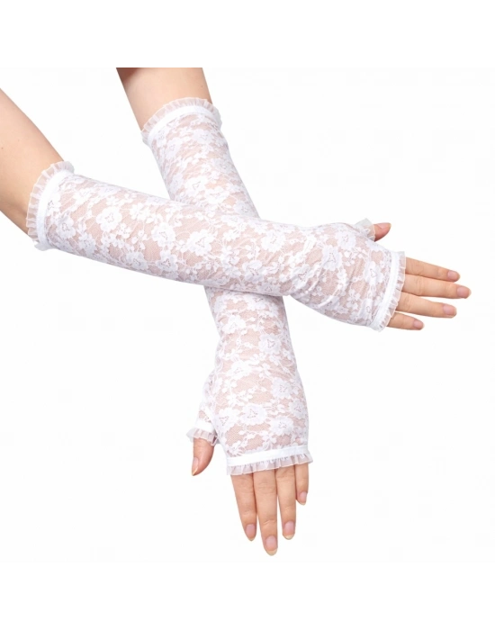 Uzun Zarif Dantel Eldiven Parmaksız Beyaz 35 cm