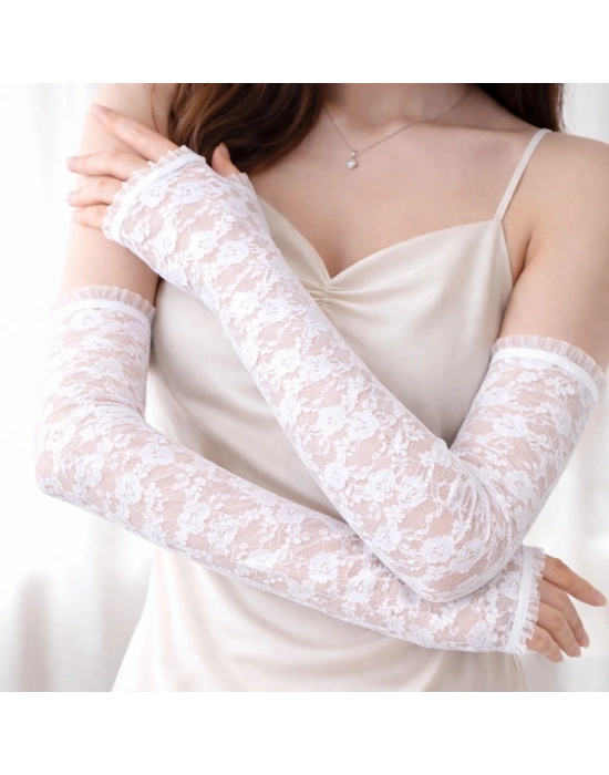 Uzun Zarif Dantel Eldiven Parmaksız Beyaz 35 Cm