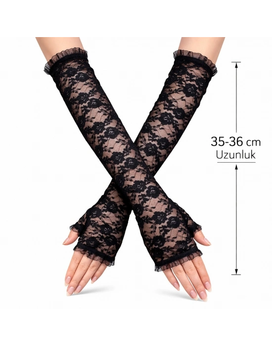 Uzun Zarif Dantel Eldiven Parmaksız Siyah 35 Cm