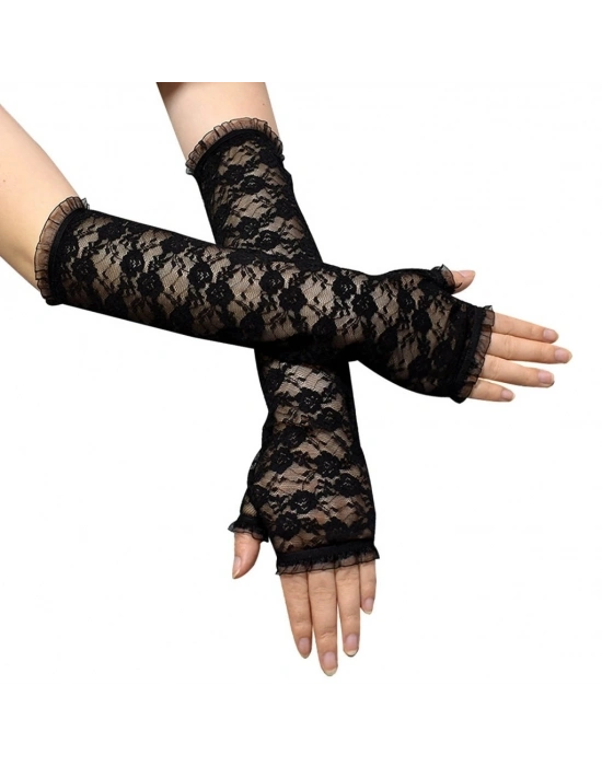 Uzun Zarif Dantel Eldiven Parmaksız Siyah 35 cm
