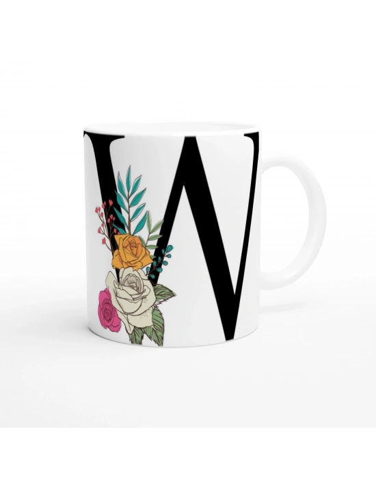 V Harfi Çiçek Motifli Harfli Kupa Bardak