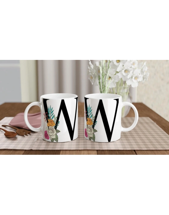 V Harfi Çiçek Motifli Harfli Kupa Bardak