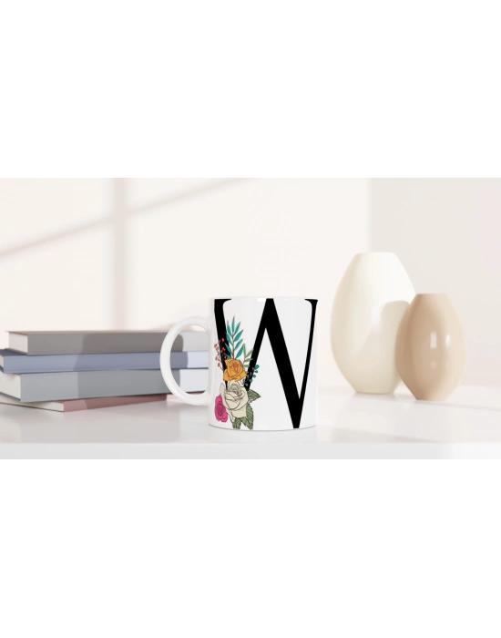 V Harfi Çiçek Motifli Harfli Kupa Bardak