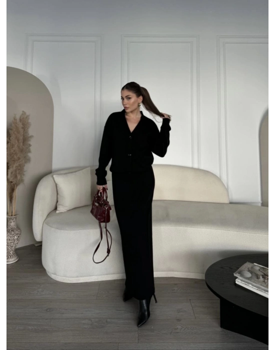 V Yaka 3 Düğmeli Hırka Takım Triko İkili Etekli - Siyah