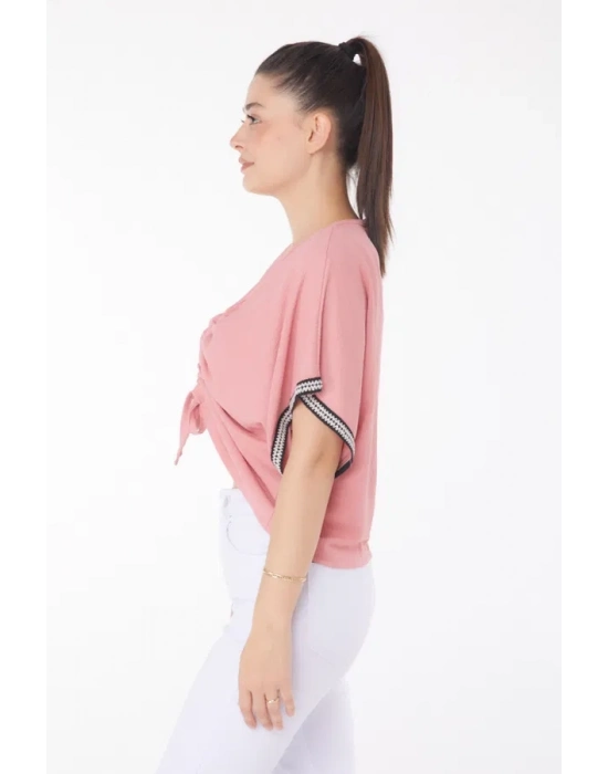 V yaka büzgülü detaylı bluz